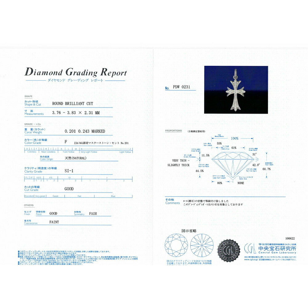 【お電話にてお問合せください！】Pt900 クロス30  プラチナ ペンダントトップ ダイヤモンド 0.2ct以上 鑑定書付 G SI2 GOOD以上 メンズ ネックレス